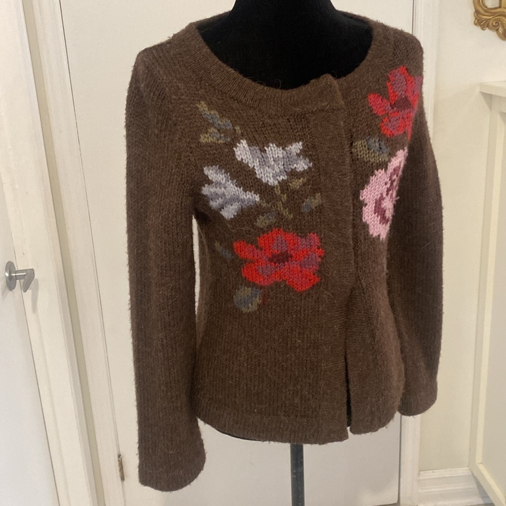 Jackpot wool blend button down Brown cardigan w large floral print Size Small - Picture 3 of 16